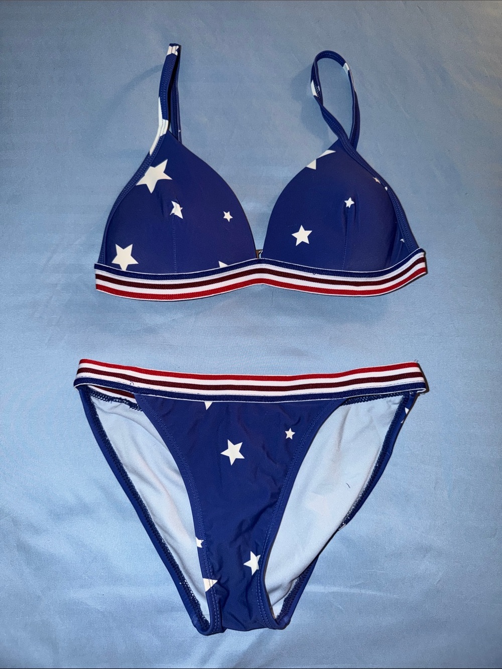 No Boundaries Navy Star-Print Bikini with Red & White Striped Trim